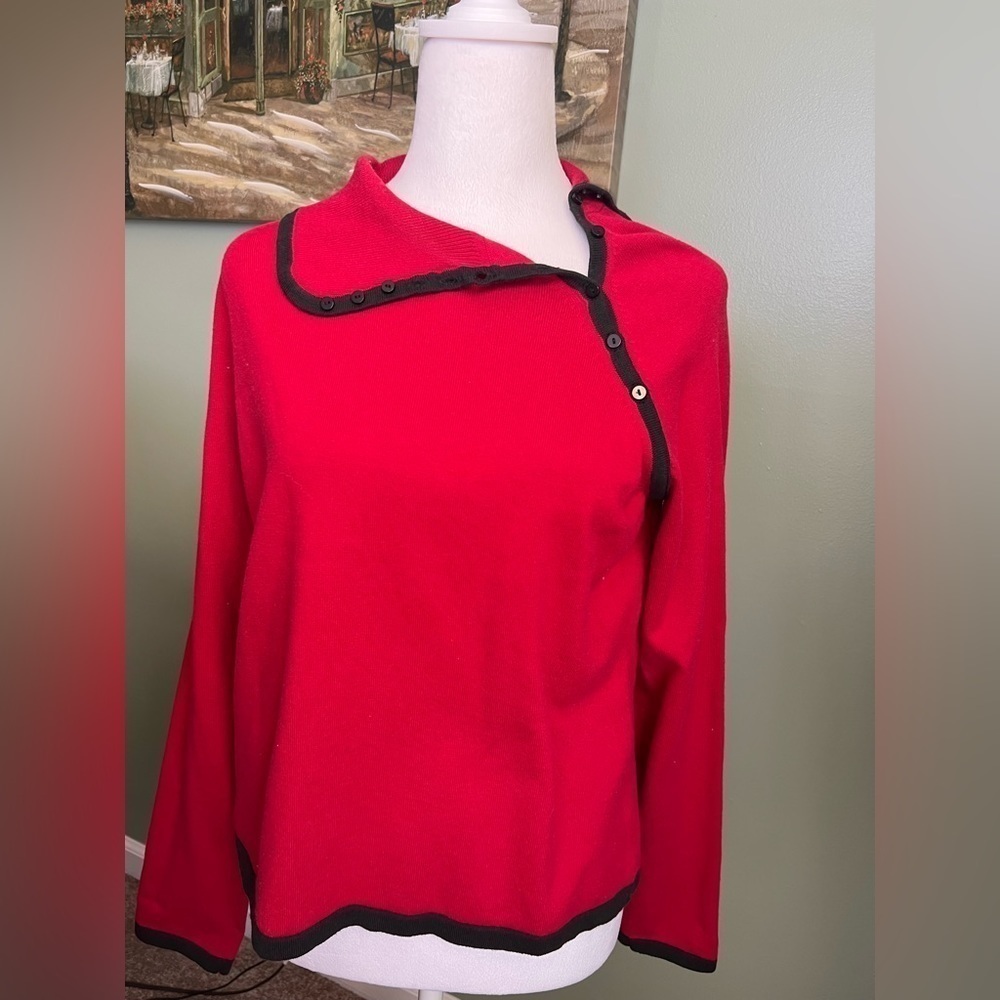 Emma James red with black trim sweater size L.